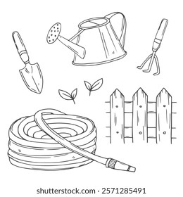 Vector set with hand drawn isolated doodles on the theme of garden, garden tools, agriculture, equipment, harvest. Symbols of gardening on white background. Sketches for use in design