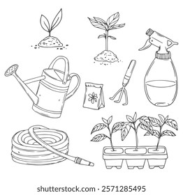 Vector set with hand drawn isolated doodles on the theme of garden, garden tools, agriculture, equipment, harvest. Symbols of gardening on white background. Sketches for use in design