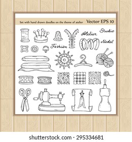 Vector set of hand drawn isolated doodles on the theme of atelier. Illustration of sewing symbols. Sketches for use in design