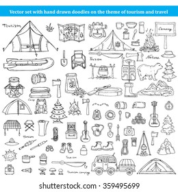 Vector set with hand drawn isolated doodles on the theme of tourism and travel. Sketches for use in design, web site, packing, textile, fabric