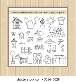 Vector set with hand drawn isolated doodles on the theme of spring and garden. Sketches for use in design, web site, packing, textile, fabric