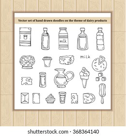 Vector set with hand drawn isolated doodles on the theme of dairy products. Sketches for use in design, web site, packing, textile, fabric