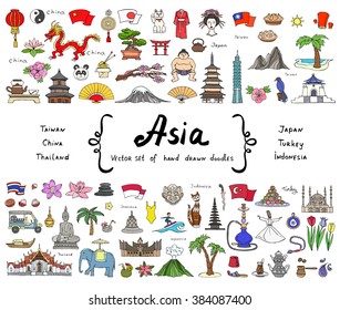 Vector set with hand drawn isolated doodles on the theme of Asian countries - China, Japan, Turkey, Thailand, Taiwan, Indonesia. Tourism, travel and symbols. Sketches for use in design