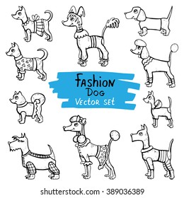 Vector set with hand drawn isolated doodles of dogs. Flat illustrations on the theme of fashion, clothes for dogs. Sketches for use in design, web site, packing, textile, fabric