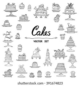 Vector set with hand drawn isolated doodles of cakes on white color. Flat illustrations on the theme of food, desserts. Sketches for use in design, web site, packing, textile, fabric