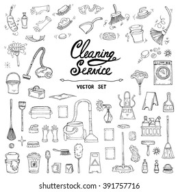 Vector set with hand drawn, isolated doodles of cleaning service on white color. Flat illustrations on the theme of cleanliness. Sketches for use in design, web site, packing, textile, fabric