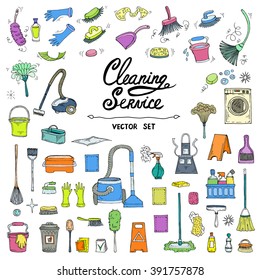 Vector set with hand drawn, isolated and colored doodles of cleaning service. Flat illustrations on the theme of cleanliness. Sketches for use in design, web site, packing, textile, fabric