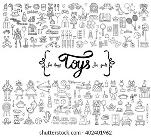 Vector set with hand drawn isolated doodles of toys for boys and girls. Flat illustrations on the theme of activities for children, games. Sketches for use in design