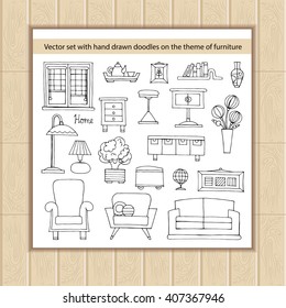 Vector set with hand drawn isolated doodles on the theme of furniture. Flat illustrations of home decoration. Sketches for use in design, web site, packing, textile, fabric