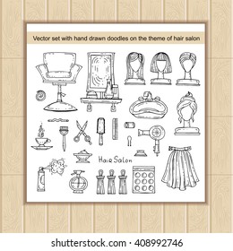 Vector set with hand drawn isolated doodles on the theme of hair salon. Flat illustrations of fashion and beauty symbols. Sketches for use in design, web site, packing, textile, fabric