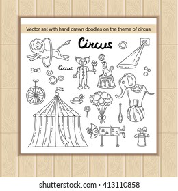 Vector set with hand drawn isolated doodles on the theme of performance. Flat illustrations of circus symbols. Sketches for use in design, web site, packing, textile, fabric