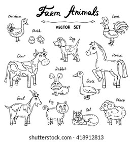 Vector set with hand drawn isolated doodles on the theme of farm animals. Flat illustrations. Sketches for use in design, web site, packing, textile, fabric