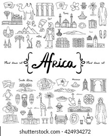 Vector set with hand drawn isolated doodles on the theme of Africa. Flat illustrations of attractions, souvenirs. Symbols of Egypt, Tunis, South Africa, Morocco. Sketches for use in design
