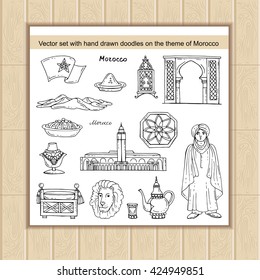 Vector set with hand drawn isolated doodles on the theme of Morocco. Flat illustrations of attractions, souvenirs, symbols. Sketches for use in design