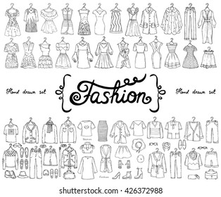 Vector set with hand drawn isolated doodles on the theme of fashion. Flat illustrations of women's and men's fashionable clothes. Sketches for use in design