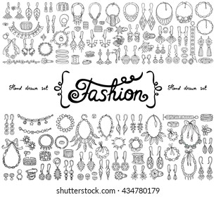 Vector set with hand drawn isolated doodles on the  theme of fashion, accessories. Flat illustrations of jewelry. Sketches for use in design