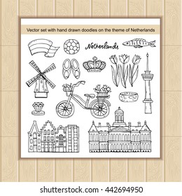Vector set with hand drawn isolated doodles on the  theme of Netherlands. Flat illustrations of travel and tourism symbols. Sketches for use in design