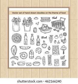 Vector set with hand drawn isolated doodles on the theme of food - dairy products, beverages, vegetables, fruits, meat products, sausages, bread, pizza. Sketches for use in design