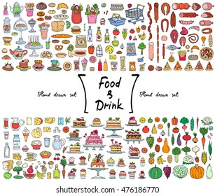 Vector set with hand drawn isolated colored doodles on the  theme of food and drink. Illustrations of fruits, vegetables, dairy products, sausages, cakes, bread. Sketches for use in design