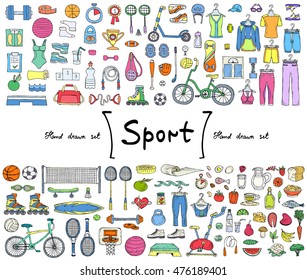 Vector set with hand drawn isolated colored doodles on the  theme of sport, fitness, healthy lifestyle. Illustrations of sports equipment, sportwear and food. Sketches for use in design