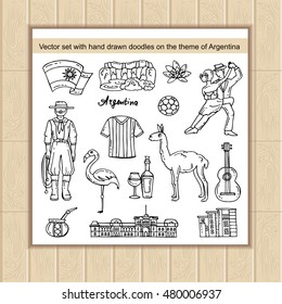 Vector set with hand drawn isolated doodles on the theme of Argentina. Symbols and attractions of Argentina. Sketches for use in design