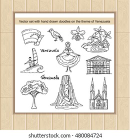 Vector set with hand drawn isolated doodles on the theme of Venezuela. Symbols and attractions of Venezuela. Sketches for use in design