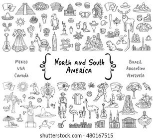 Vector set with hand drawn isolated doodles on the  theme of North and South America. Symbols of Mexico, USA, Canada, Brazil, Argentina, Venezuela. Sketches for use in design