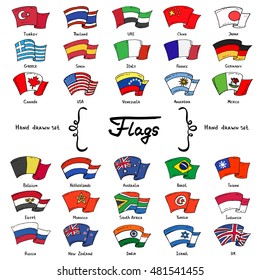 Vector set with hand drawn isolated colored doodles on the  theme of national flags of 30 countries. Sketches for use in design