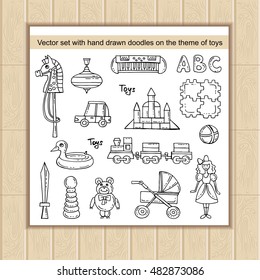 Vector set with hand drawn isolated doodles on the theme of games and toys for boys and girls. Sketches for use in design