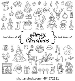 Vector set with hand drawn isolated doodles on the  theme of Merry Christmas, Happy New Year on white color. Symbols of holiday. Sketches for use in design