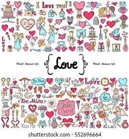 Vector set with hand drawn isolated colored doodles on the  theme of love, feelings, relationships. Symbols of Valentine's Day. Wedding. Sketches for use in design