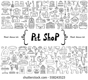 Vector set with hand drawn isolated doodles on the theme of pet shop, goods for pets on white color. Sketches for use in design