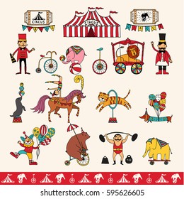 Vector set with hand drawn isolated doodles on the theme of performance. illustrations of circus symbols. Sketches for use in design, web site, packing, textile, fabric