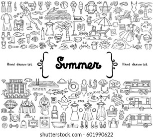 Vector set with hand drawn isolated doodles on the  theme of summer, travel and tourism. Flat illustrations of recreation symbols on white background. Sketches for use in design