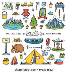 Vector set with hand drawn isolated colored doodles on the  theme of tourism and travel on white background. Sketches for use in design