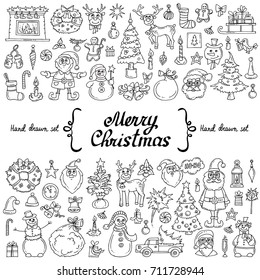 Vector set with hand drawn isolated doodles on the  theme of Merry Christmas, Happy New Year on white color. Cartoon symbols of holiday. Sketches for use in design