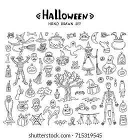 Vector set with hand drawn isolated doodles on the theme of Halloween on white background. Symbols of holiday. Sketches for use in design