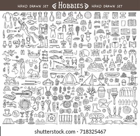 Vector set with hand drawn isolated doodles on the  theme of hobbies. Diving, sports, reading, hunting, fishing, hiking, music, needlework, gardening. Sketches for use in design