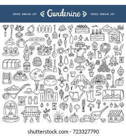 Vector set with hand drawn isolated doodles on the  theme of garden, garden tools, agriculture, harvest, nature. Symbols of gardening. Sketches for use in design