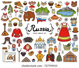 Vector set with hand drawn isolated colored doodles on the  theme of Russia. National symbols . Sketches for use in design