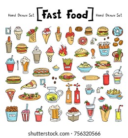 Vector set with hand drawn isolated colored doodles on the  theme of fast food. Illustrations of burger, drinks, french fries, sandwich, ice cream. Sketches for use in design
