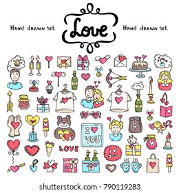 Vector set with hand drawn isolated colored doodles on the  theme of love, feelings, relationships. Symbols of Valentine's Day. Sketches for use in design
