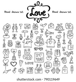 Vector set with hand drawn isolated doodles on the  theme of love, feelings, relationships. Symbols of Valentine's Day. Sketches for use in design
