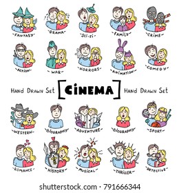 Vector set with hand drawn isolated colored doodles of cinema. Illustrations on the theme of movie genres. Infographic icons. Sketches for use in design
