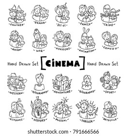 Vector set with hand drawn isolated doodles of cinema. Illustrations on the theme of movie genres. Infographic icons. Sketches for use in design
