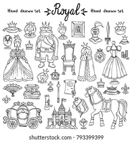 Vector set with hand drawn isolated doodles on the theme of kingdom on white color. Vector set of fairy tale elements. Sketches for use in design
