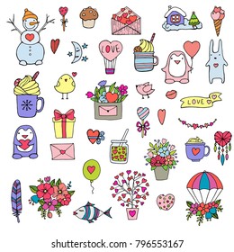 Vector set with hand drawn isolated colored doodles on the theme of love, feelings, relationships. Symbols of Valentine's Day. Sketches for use in design