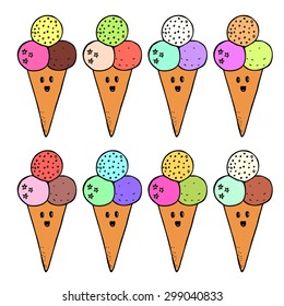 vector set of hand drawn kawaii ice cream