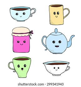 vector set of hand drawn kawaii teapot, cups, jam