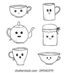 vector set of hand drawn kawaii teapot, cups, jam